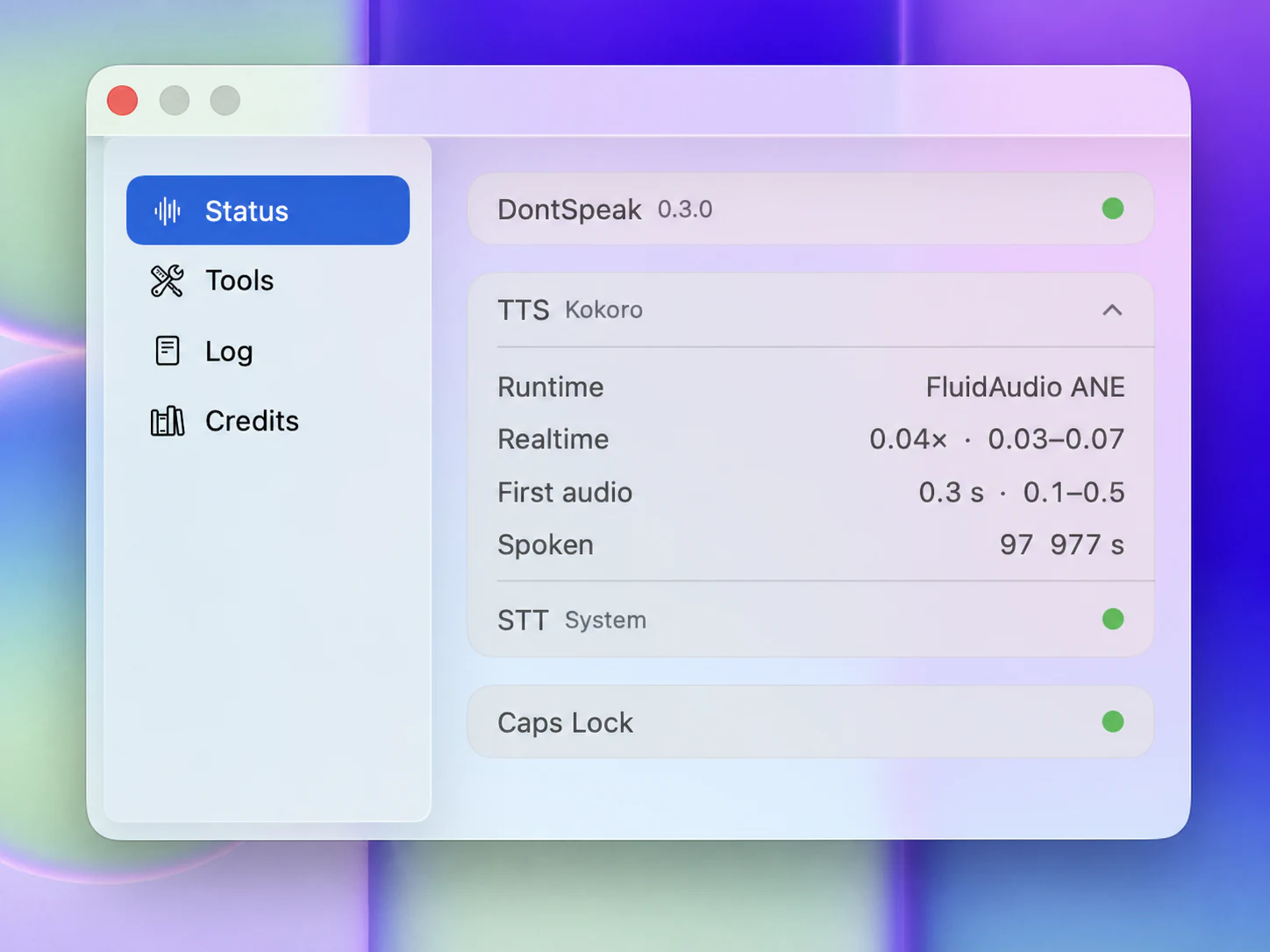 DontSpeak status window showing active voice models and hardware acceleration