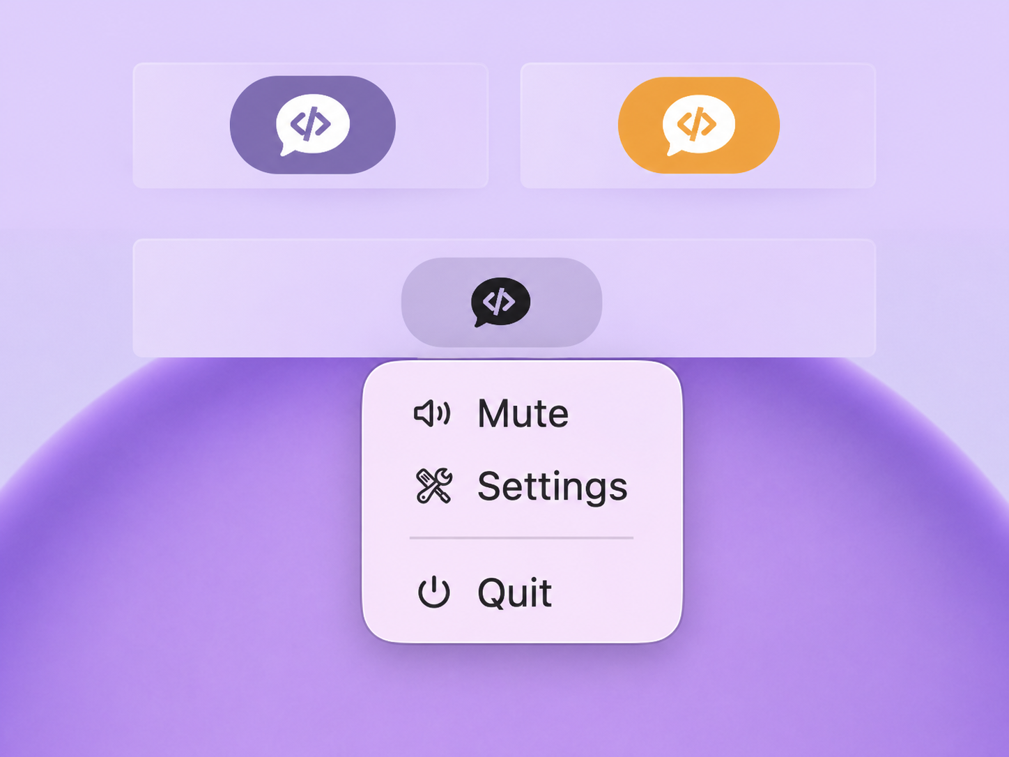 DontSpeak menu-bar icon in ready and recording modes above the open menu controls