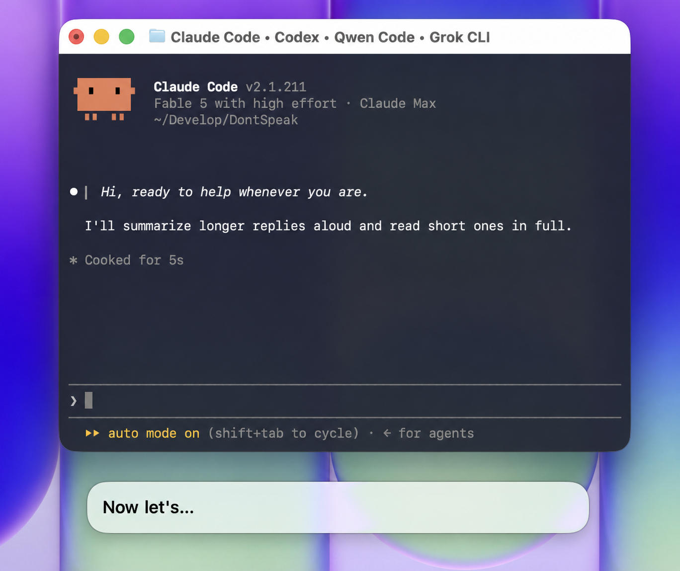 Terminal window titled with Claude Code, Codex, Qwen Code, and Grok CLI, with a DontSpeak dictation bar underneath